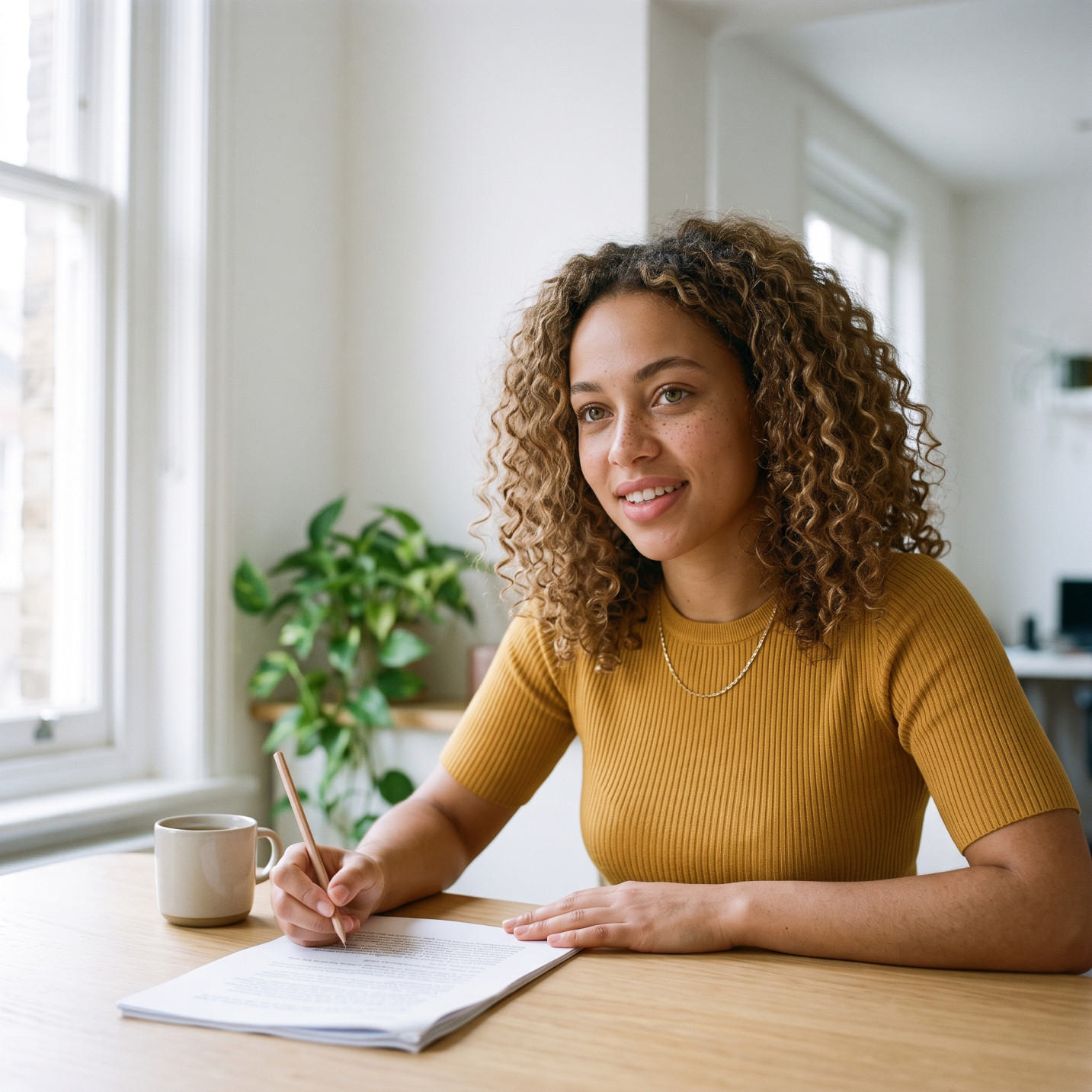 A young woman with curly hair marks up a printed page at a pale oak table, pencil in hand